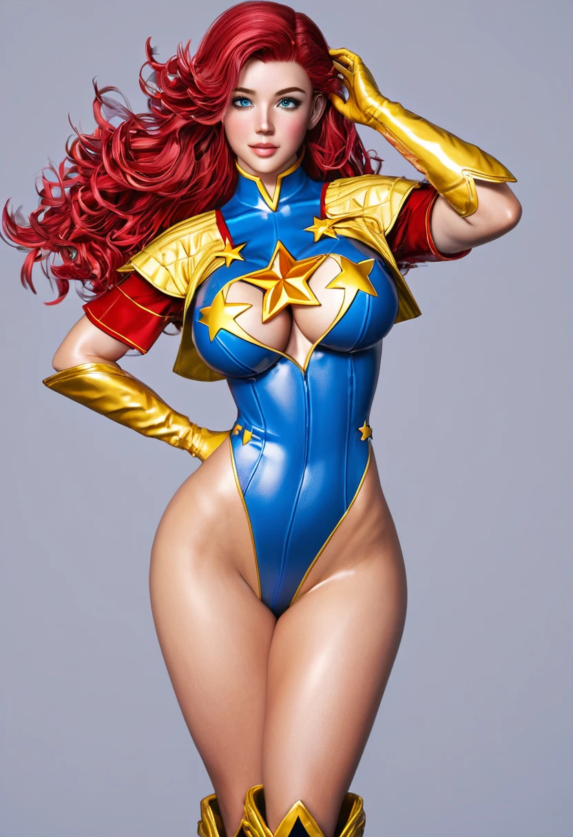 masterpiece,Sexy, Superheroine, Red hair, long hair, busty, ((blue highleg leotard with a t-back thong and a gold star insignia on chest)), gold boots, gold gloves, curvy, ((cleavage cutout))