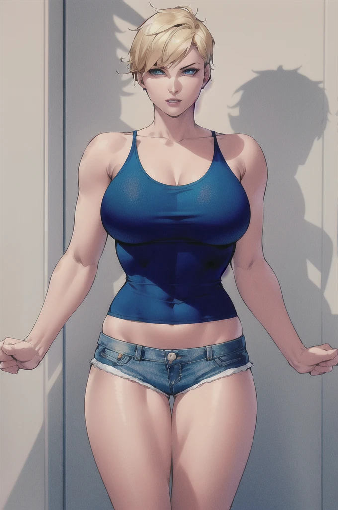 Panel work of art, blue colored eyes, short blonde hair, wearing a tight blue tank top with a low neckline, wearing short, tight denim shorts with the buttons open, defined body, 4K HD image