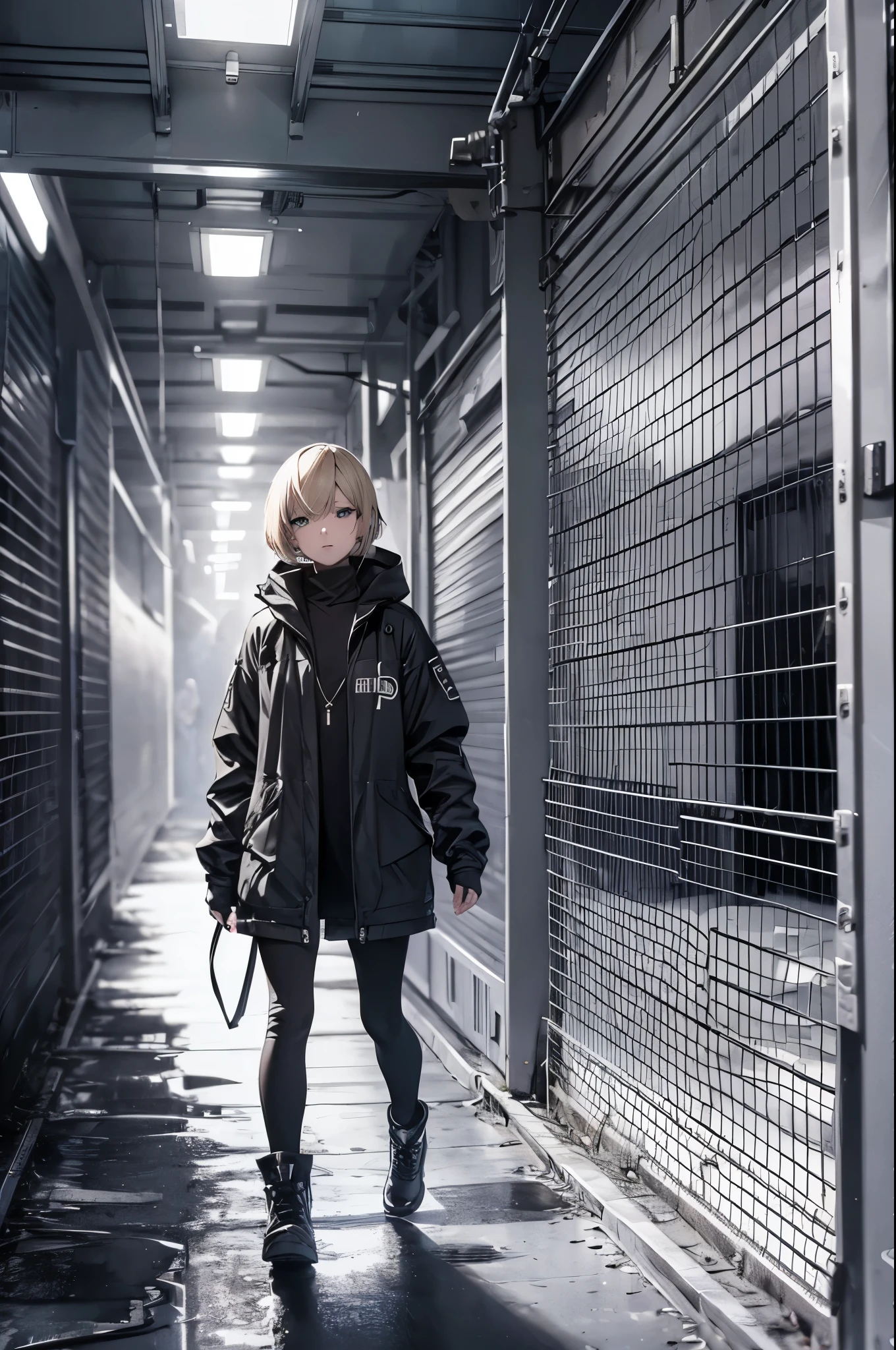 ((20-year-old woman,Blonde short bob hair,She is walking through an huge chain link fence in the Uneasy atmosphere world)),inside the monochrome world,There are monsters in the chain link fence,Uneasy atmosphere.