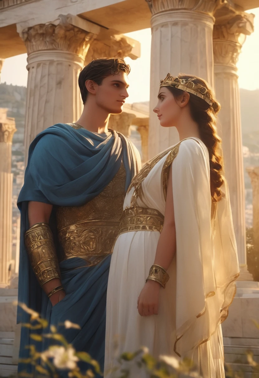 Masterpiece,quality,4k,Show a young 20 something couples in ancient Athens Greece males and females in detail,Bokeh/ with pastel shades tones colors ancient greek patterns designs Ionic IonianGreece