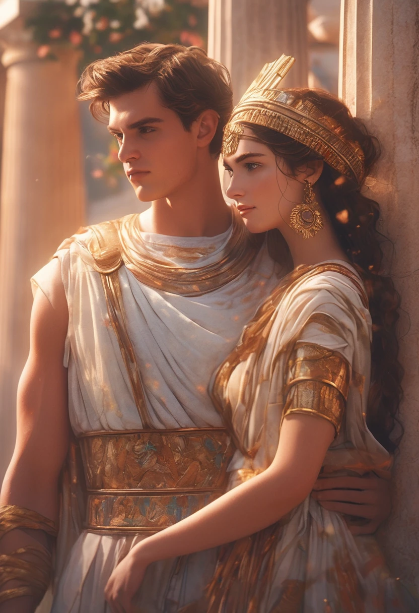 Masterpiece,quality,4k,Show a young 20 something couples in ancient Athens Greece males and females in detail,Bokeh/ with pastel shades tones colors ancient greek patterns designs Ionic IonianGreece