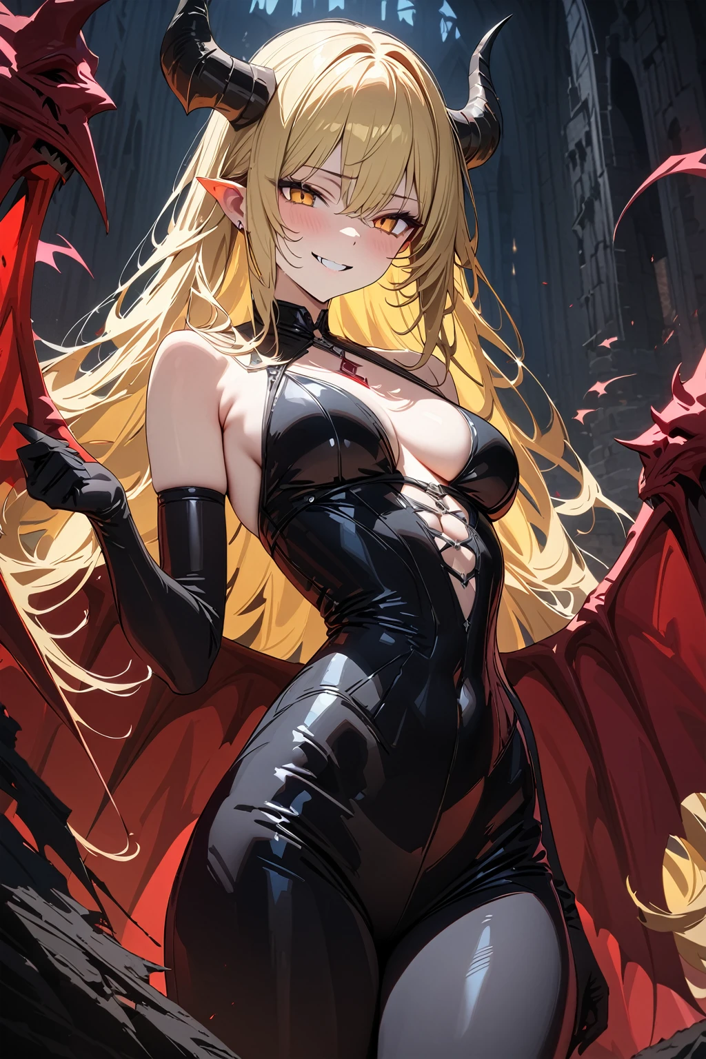 (masterpiece, best quality:1.5), (ultra detailed, high resolution, 8k, beautiful detailed, UHD, best anatomy), blonde hair, medium breasts, devil king, Castle of the Demon King, dark night, eerie, ominous, Eerie Smile, madness, the supremacy of a devil king