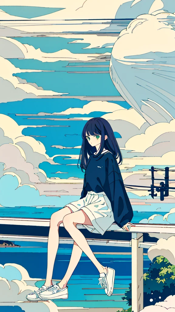 masterpiece, Exquisite detail,Highest quality, One girl, alone, handrail, cloud, Sitting, Outdoor, whale, Long Hair, shoes, null, Long sleeve, sneakers, Power lines, White footwear, Black Hair, View your viewers, Electric pole, bangs, cloudy null, fish, bird, Green Eyes, Shorts, animal, Day, Black Shirt, barefoot