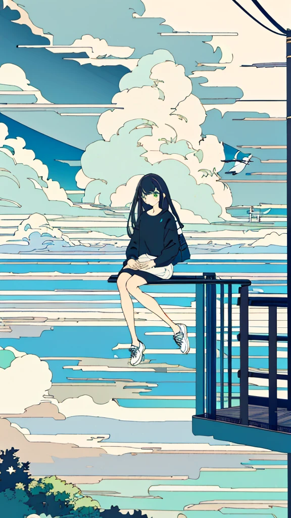 masterpiece, Exquisite detail,Highest quality, One girl, alone, handrail, cloud, Sitting, Outdoor, whale, Long Hair, shoes, null, Long sleeve, sneakers, Power lines, White footwear, Black Hair, View your viewers, Electric pole, bangs, cloudy null, fish, bird, Green Eyes, Shorts, animal, Day, Black Shirt, barefoot