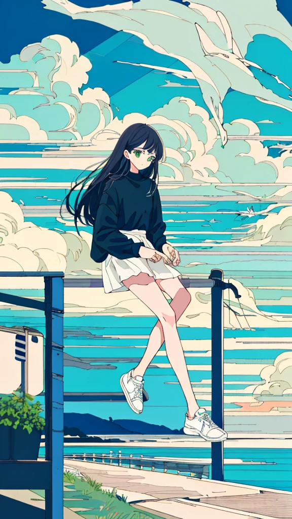 masterpiece, Exquisite detail,Highest quality, One girl, alone, handrail, cloud, Sitting, Outdoor, whale, Long Hair, shoes, null, Long sleeve, sneakers, Power lines, White footwear, Black Hair, View your viewers, Electric pole, bangs, cloudy null, fish, bird, Green Eyes, Shorts, animal, Day, Black Shirt, barefoot