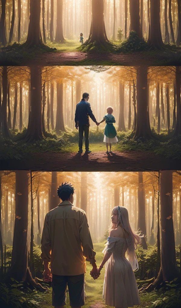 (Anime style:1.5), (highly detailed), (enchanted forest background:1.7), (vibrant colors), (sunlight filtering through trees), (parents leaving two children in the forest with heavy hearts:1.7), (1 boy and 1 girl standing together, holding hands and looking worried:1.7), (dense foliage all around), (sense of abandonment and sorrow)