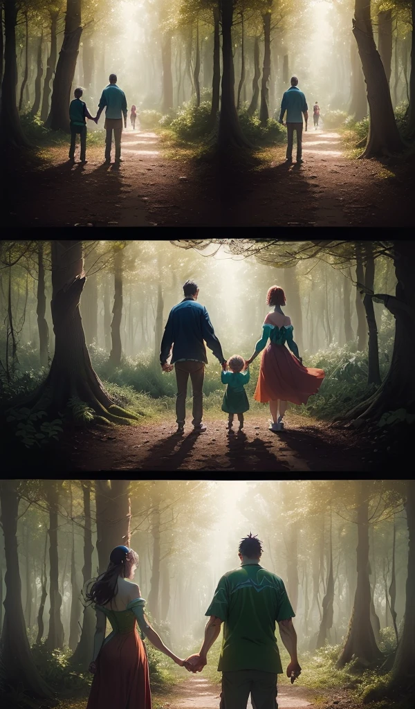 (Anime style:1.5), (highly detailed), (enchanted forest background:1.7), (vibrant colors), (sunlight filtering through trees), (parents leaving two children in the forest with heavy hearts:1.7), (1 boy and 1 girl standing together, holding hands and looking worried:1.7), (dense foliage all around), (sense of abandonment and sorrow)