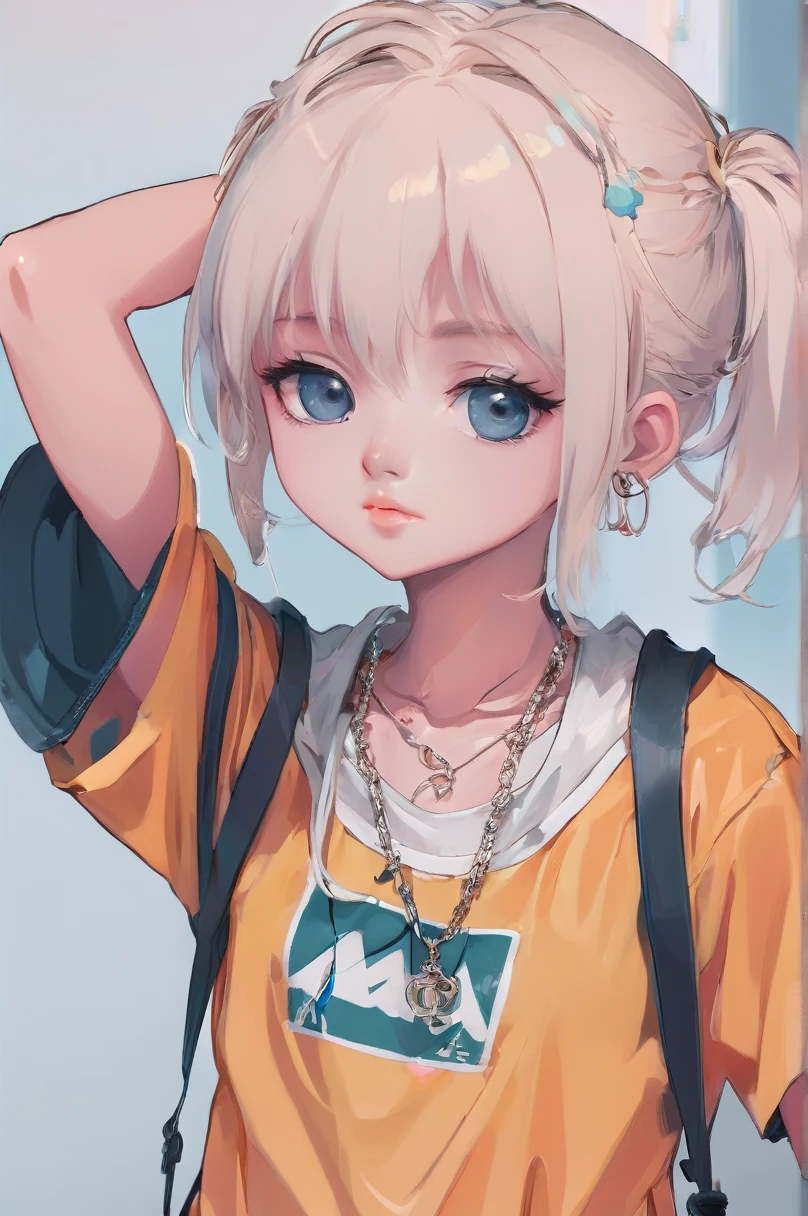 Plain background, Anime Portrait, One girl, 2D, Flat anime style, Studio Illustration, 
masterpiece, Highest quality, Girls Shots, Standing pose, whole body, Silver or gold necklaces and thin rings, 
sneakers, Ahoge, 16 years old, Beautiful and attractive anime teen, Bad boy, Tattoo, Nose Piercing, Lip Piercing