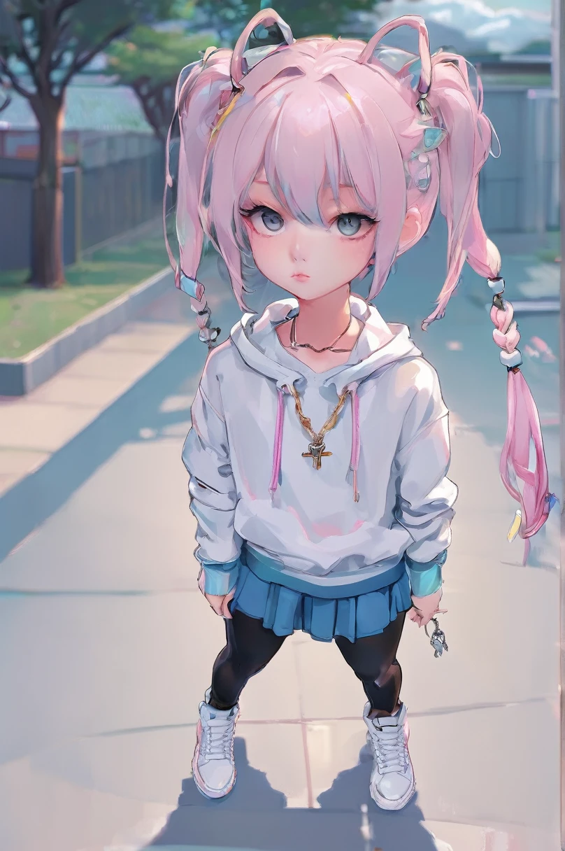 Plain background, Anime Portrait, One girl, 2D, Flat anime style, Studio Illustration, 
masterpiece, Highest quality, Girls Shots, Standing pose, whole body, Silver or gold necklaces and thin rings, 
sneakers, Ahoge, 16 years old, Beautiful and attractive anime teen, Bad boy, Tattoo, Nose Piercing, Lip Piercing