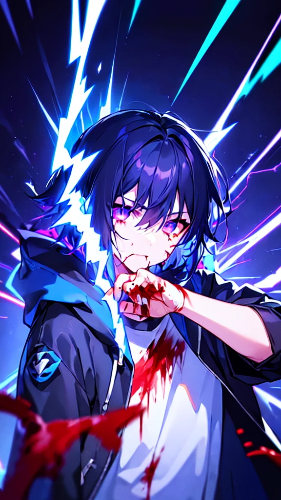[(BLACK BACKGROUND:1.5),::5], ((((masterpiece)))), high quality, ultra very high resolution, full color, (((solo))), (()), black hair, ((blue colored inner hair)), ((purple eyes)), anime, ((upper body)), neon light, black parka, (lightning effect:1.2), (Blood effect:1.5)