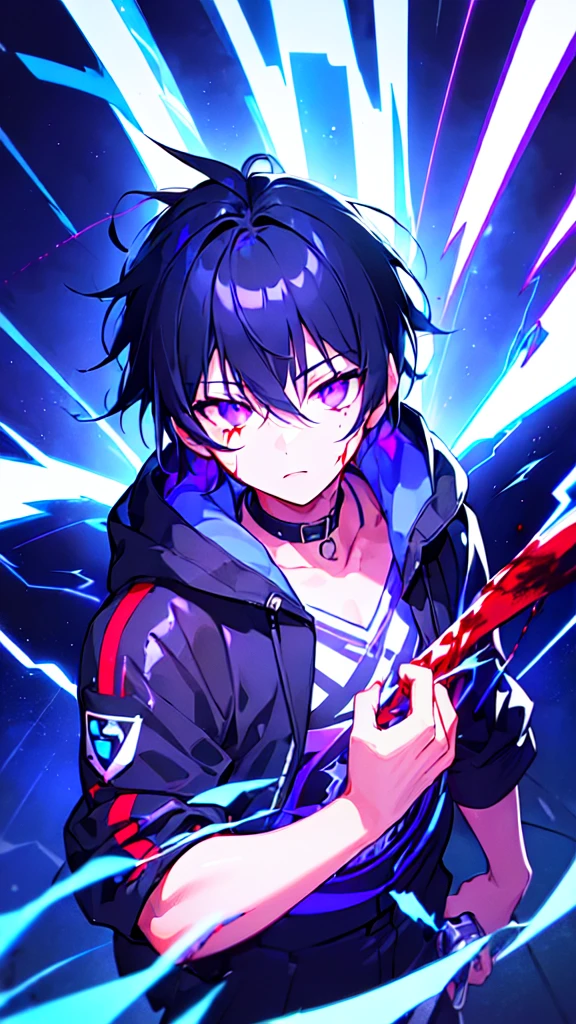 [(BLACK BACKGROUND:1.5),::5], ((((masterpiece)))), high quality, ultra very high resolution, full color, (((solo))), ((little boy)), black hair, ((blue colored inner hair)), ((purple eyes)), anime, ((upper body)), neon light, black parka, (lightning effect:1.2), (Blood effect:1.5)