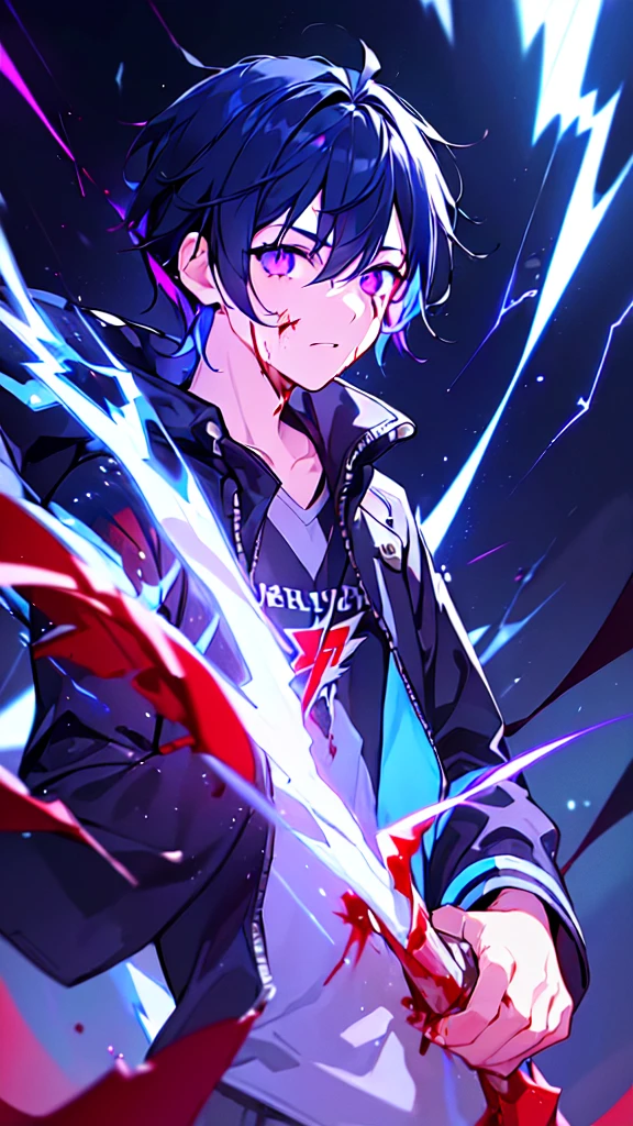 [(BLACK BACKGROUND:1.5),::5], ((((masterpiece)))), high quality, ultra very high resolution, full color, (((solo))), ((little boy)), black hair, ((blue colored inner hair)), ((purple eyes)), anime, ((upper body)), neon light, black parka, (lightning effect:1.2), (Blood effect:1.5)