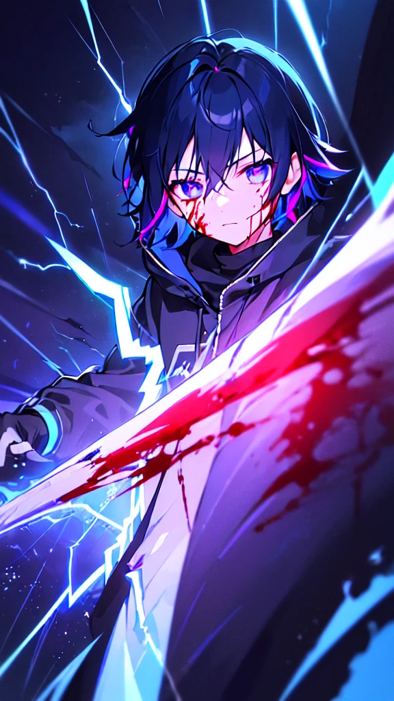 [(BLACK BACKGROUND:1.5),::5], ((((masterpiece)))), high quality, ultra very high resolution, full color, (((solo))), ((little boy)), black hair, ((blue colored inner hair)), ((purple eyes)), anime, ((upper body)), neon light, black parka, (lightning effect:1.2), (Blood effect:1.5)