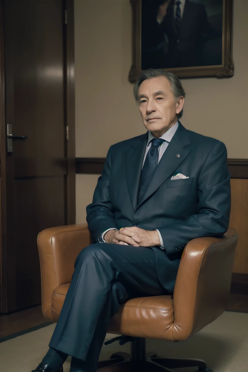 an elderly man wearing a crisp, well-tailored business suit sits in a plush, leather swivel chair, his hands steepled together in thought as he prepares for an important meeting. He is comfortably seated, with one crossed leg revealing the faint shine of polished leather shoes. The room is bathed in soft, warm lighting that highlights the fine lines and wrinkles on his face. The suit, a deep navy blue, exudes an air of authority and experience. His salt-and-pepper hair is expertly styled, and his eyes, a sharp, piercing green, convey a sense of intelligence and wisdom. The room is large and spacious, with floor-to-ce