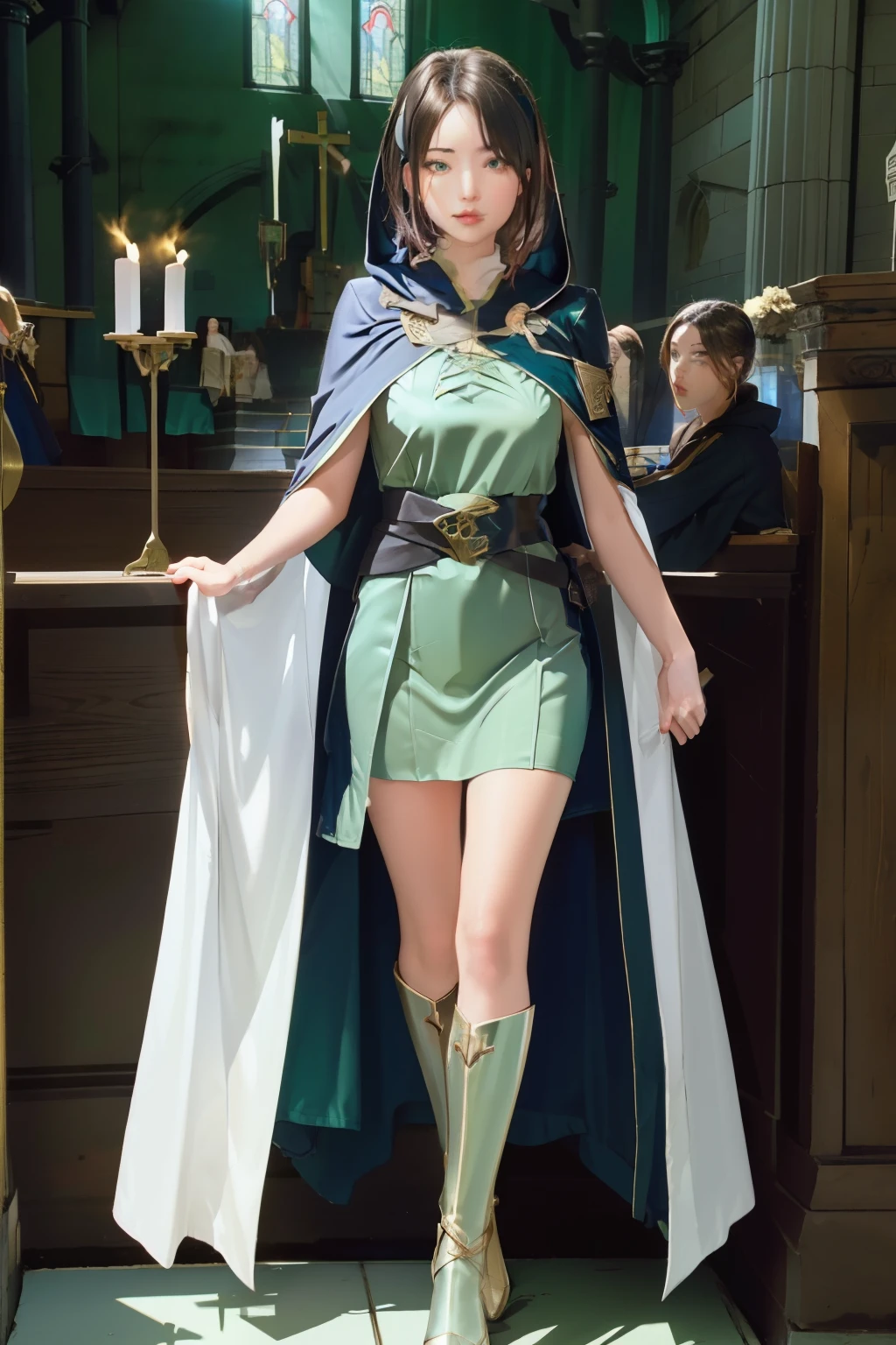 (masutepiece, Best Quality),  Intricate details,
1girl in,    VIPER \(pricing\), Green eyes, Brave Viper
 Dark Priest, White robe, cloaks, hoods, Cross, 
Tearing down the church, Indoors, temple, legs showing, feet showing, full body, standing up, front view