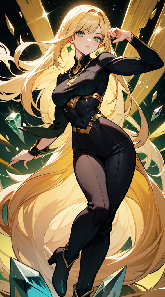 beautiful woman, golden hair, long hair, ((crew cut: 1)), green eyes, fair skin, ((muscular: 1)), woman, 28 years old, black shirt with gold details, wide black pants, black boots, crystals, several crystals, crystal powers, crystals in the background.

￼



