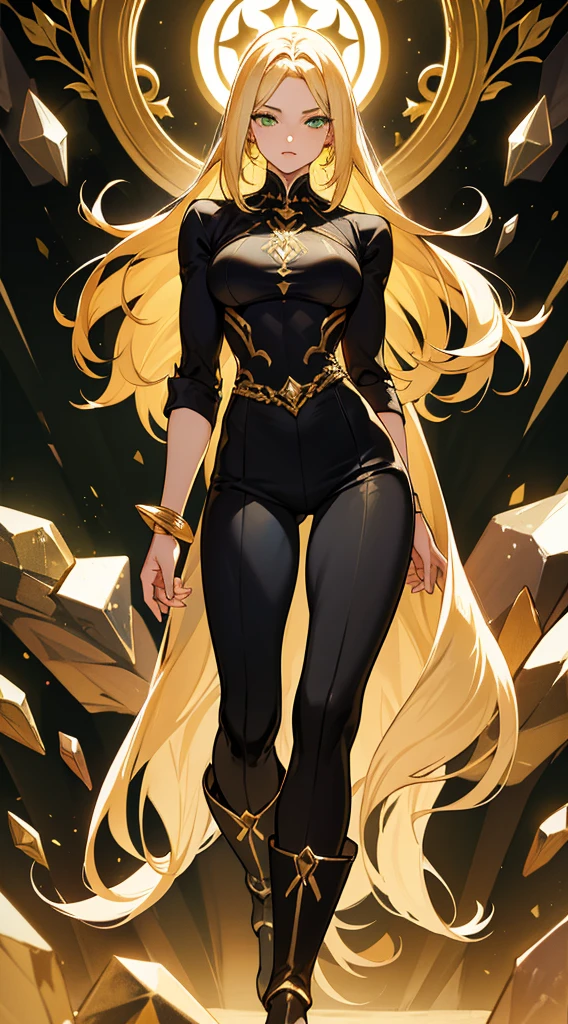beautiful woman, golden hair, long hair, ((crew cut: 1)), green eyes, fair skin, ((muscular: 1)), woman, 28 years old, black shirt with gold details, wide black pants, black boots, crystals, several crystals, crystal powers, crystals in the background.

￼



