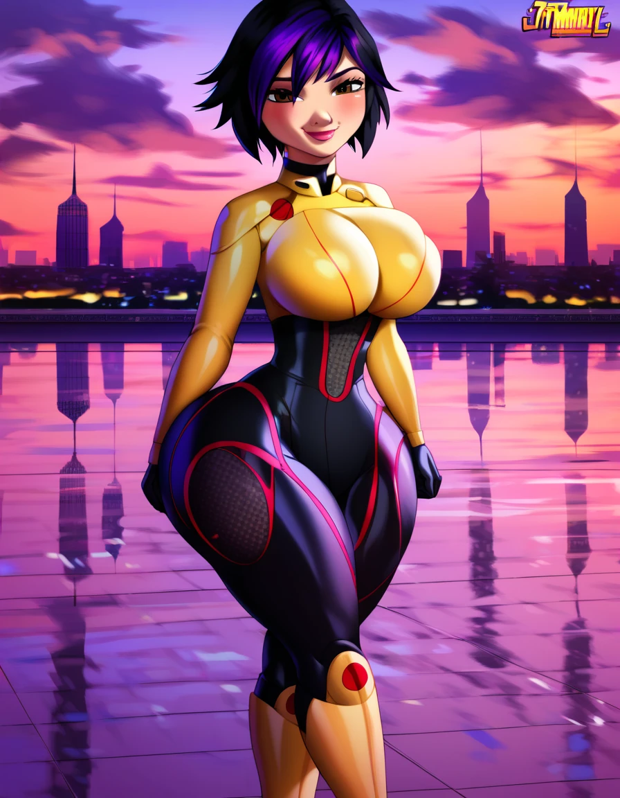 WITHTH YOUR BACK TO THE CAMERA,((ultra quality)), ((masterpiece)), (((best quality, highly detailed ))) highly detailed, score_9, score_8_up, score_7_up, score_6_up,source_Anime,BREAK,gogotomago, 1girl, solo, short hair, (Beautiful face), (beautiful female lips), black hair, brown eyes, purple hair, boots, yellow bodysuit  detailed, black bodysuit ,smile, lipstick, bare shoulder, large breasts, (beautiful female hands), ((ideal female figure)), ideal female body, beautiful waist, gorgeous thighs, beautiful huge breasts, thick thighs, wide hips, city background, sunset, single, solo, smile, closed mouth, half opened eyes, blush, looking at viewer, cowboy shot
