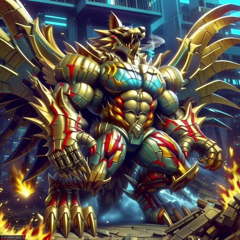 (masterpiece. official art. 8k. best quality. detailed full body. full body.)

(situation 1 : dominating The Phoenix Wolf. The Phoenix Wolf is over 1000 meters long. focus GIANT mechanical Muscular The Phoenix Wolf is trampling the car. Looking down.)

(situation 2 :smoke and flames rising from the destruction in the city)

(Additional details 1: Wearing golden Armor. Cape. Helmet. real texture material. whole body shines like metal. emphasizes the muscles. suit fully made of metal.Robotic suit).

(Additional details 1.5: The arms are golden. The lower half of the body is golden. The wolf-shaped helmet has sharp fangs. The whole body is golden. The chest area is also golden. There is a ring above the head.).

(Additional details 2: Detailed head. Detailed Body. Detailed abs. gigantic muscles. HYPER MUSCLES. Gigachad Muscular. big muscle. pecs. triceps. traps. unusually developed muscular body. body full of huge muscles. showing off muscles. pectorales enormes. Exaggeratedly huge muscles. huge muscles. long legs.).

(Additional details 3: Spread wings. It has wings. The claws are sharp. Sharp teeth.). He is laughing defiantly. The claws are sharp. Sharp teeth.). 

(Additional details 3.5 : nj5furry,  He is laughing defiantly. medieval armor.). 
