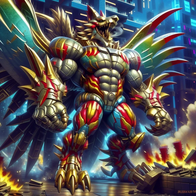 (masterpiece. official art. 8k. best quality. detailed full body. full body.)
(situation 1 : dominating The Phoenix Wolf. The Phoenix Wolf is over 1000 meters long. focus GIANT mechanical Muscular The Phoenix Wolf is trampling the car. Looking down.)
(situation 2 :smoke and flames rising from the destruction in the city)
(Additional details 1: Wearing golden Armor. Cape. Helmet. real texture material. whole body shines like metal. emphasizes the muscles. suit fully made of metal.Robotic suit).
(Additional details 1.5: The arms are golden. The lower half of the body is golden. The wolf-shaped helmet has sharp fangs. The whole body is golden. The chest area is also golden. There is a ring above the head.).
(Additional details 2: Detailed head. Detailed Body. Detailed abs. gigantic muscles. HYPER MUSCLES. Gigachad Muscular. big muscle. pecs. triceps. traps. unusually developed muscular body. body full of huge muscles. showing off muscles. pectorales enormes. Exaggeratedly huge muscles. huge muscles. long legs.).
(Additional details 3: Spread wings. It has wings. The claws are sharp. Sharp teeth.). He is laughing defiantly. The claws are sharp. Sharp teeth.).
(Additional details 3.5 : nj5furry, He is laughing defiantly. medieval armor.).