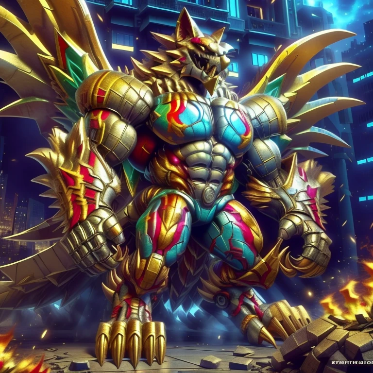 (masterpiece. official art. 8k. best quality. detailed full body. full body.)
(situation 1 : dominating The Phoenix Wolf. The Phoenix Wolf is over 1000 meters long. focus GIANT mechanical Muscular The Phoenix Wolf is trampling the car. Looking down.)
(situation 2 :smoke and flames rising from the destruction in the city)
(Additional details 1: Wearing golden Armor. Cape. Helmet. real texture material. whole body shines like metal. emphasizes the muscles. suit fully made of metal.Robotic suit).
(Additional details 1.5: The arms are golden. The lower half of the body is golden. The wolf-shaped helmet has sharp fangs. The whole body is golden. The chest area is also golden. There is a ring above the head.).
(Additional details 2: Detailed head. Detailed Body. Detailed abs. gigantic muscles. HYPER MUSCLES. Gigachad Muscular. big muscle. pecs. triceps. traps. unusually developed muscular body. body full of huge muscles. showing off muscles. pectorales enormes. Exaggeratedly huge muscles. huge muscles. long legs.).
(Additional details 3: Spread wings. It has wings. The claws are sharp. Sharp teeth.). He is laughing defiantly. The claws are sharp. Sharp teeth.).
(Additional details 3.5 : nj5furry, He is laughing defiantly. medieval armor.).