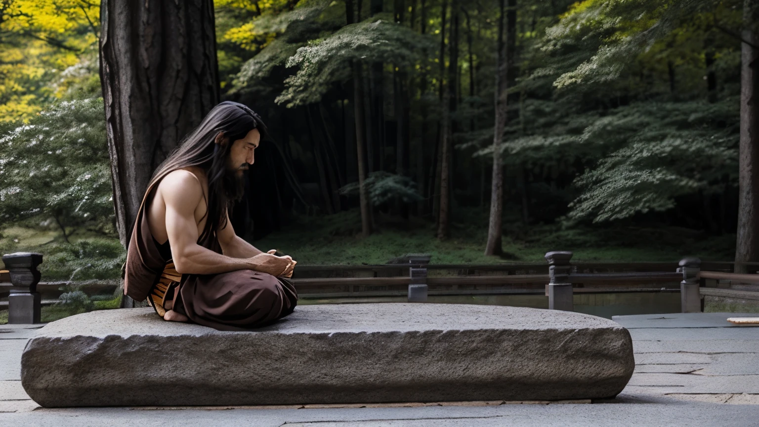 Monk、male、Long Hair、In nature、on stone、Zazen