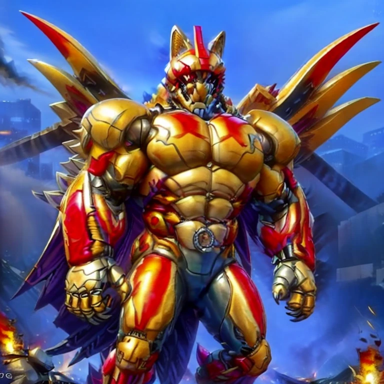 (masterpiece. official art. 8k. best quality. detailed full body. full body.)

(situation 1 : dominating The Phoenix Wolf. The Phoenix Wolf is over 1000 meters long. focus GIANT mechanical Muscular The Phoenix Wolf is trampling the car. Looking down.)

(situation 2 :smoke and flames rising from the destruction in the city)

(Additional details 1: Wearing golden Armor. Cape. Helmet. real texture material. whole body shines like metal. emphasizes the muscles. suit fully made of metal.Robotic suit).

(Additional details 1.5: The arms are golden. The lower half of the body is golden. The wolf-shaped helmet has sharp fangs. The whole body is golden. The chest area is also golden. There is a ring above the head.).

(Additional details 2: Detailed head. Detailed Body. Detailed abs. gigantic muscles. HYPER MUSCLES. Gigachad Muscular. big muscle. pecs. triceps. traps. unusually developed muscular body. body full of huge muscles. showing off muscles. pectorales enormes. Exaggeratedly huge muscles. huge muscles. long legs.).

(Additional details 3: Spread wings. It has wings. The claws are sharp. Sharp teeth.). He is laughing defiantly. The claws are sharp. Sharp teeth.). 

(Additional details 3.5 : nj5furry,  He is laughing defiantly. medieval armor.). 