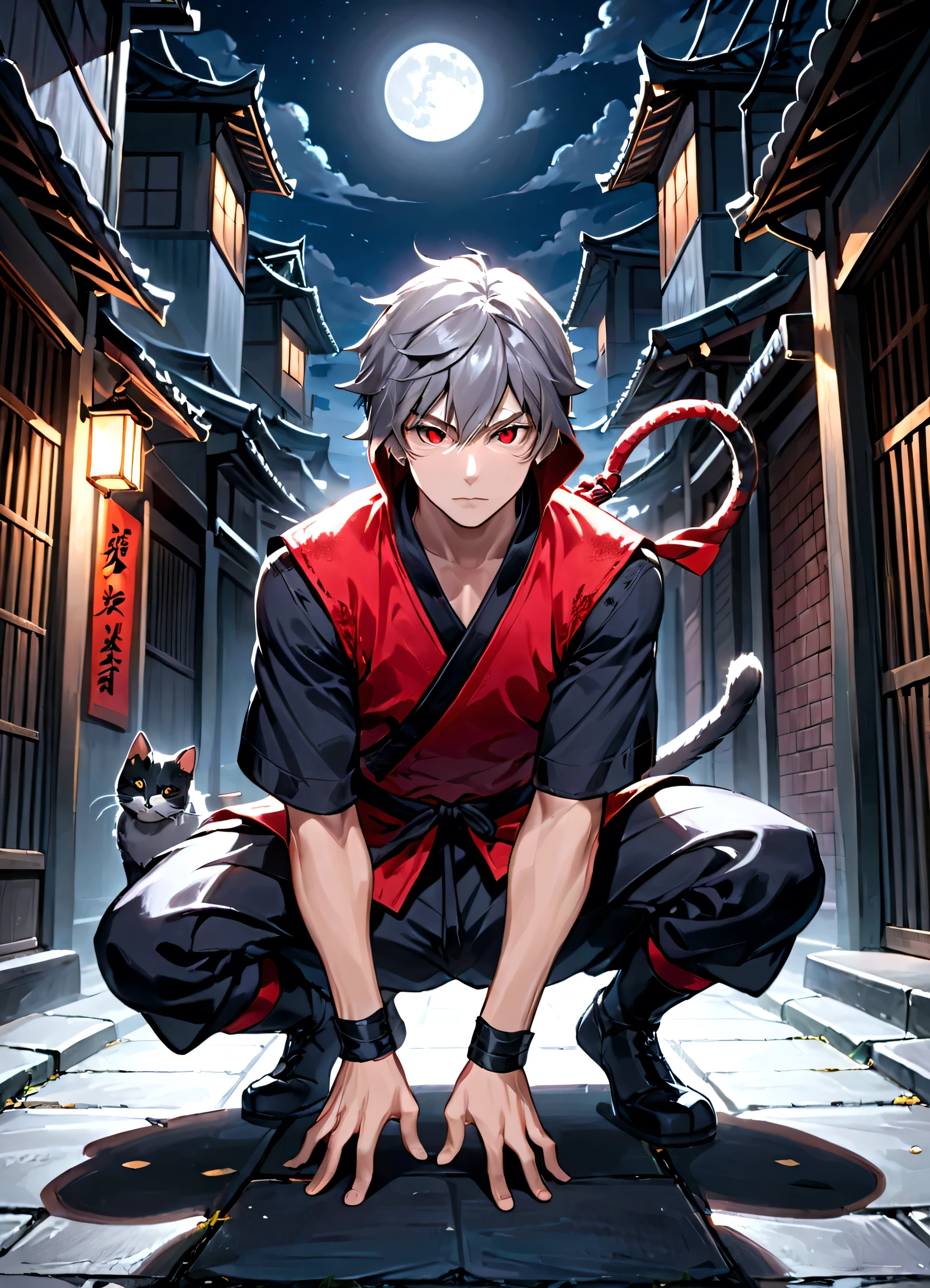 a male ninja with cat-like features, 18 years old, grey hair, red eyes, ninja attire, in the dark night, blending into the shadows, lower half of face obscured, faintly lit by moonlight, in an urban setting, full body, posed in a crouching stance, best quality, ultra-detailed, masterpiece