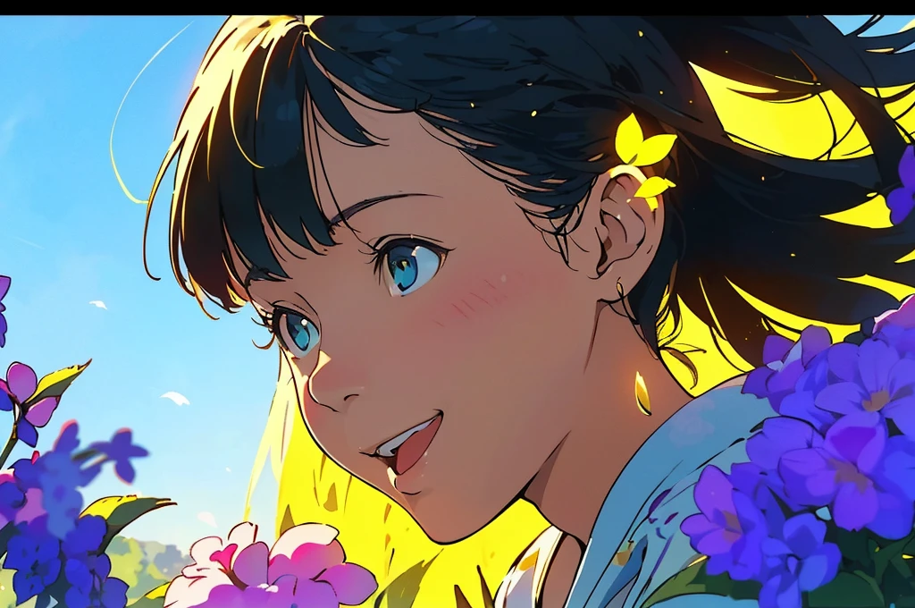 Reasonable design, Clear lines, High Sharpness, (Highest quality,8K,Perfect sharpness,Ultra fine,High resolution,masterpiece:1.2), Perfect Anatomy:1.5, Official Art, Illustrations that tell a story, (Whitish background:0. 9)、Body Positivity、多Mr.な身体表現、(Random and energetic poses)、Perfect beauty、Perfect beautiful face、Strong winds、A rich expression、Dynamic composition、smile、Golden ratio composition、colorful、((Mr.々Different angles and perspectives))、Anime Art、(Mini dress)、(Overcoming stereotypes)、 Glowing Skin、(Natural beauty)、smile、Bangs、(Soft and flowing hair)、(countryside)、(Nostalgic atmosphere)、Put up to your feet、(Playful and carefree)、(多Mr.な民族のキャラクター)、(innocent attitude)、(Sunny atmosphere)、(The skirt flutters wildly in the wind)、(Bright colors)、Beautiful Eyes、(Embarrassing)、Braided Hair、Summer Scene、Smiling among flowers、Side angle、