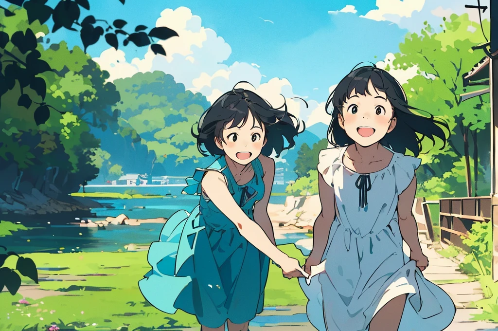 Reasonable design, Clear lines, High Sharpness, (Highest quality,8K,Perfect sharpness,Ultra fine,High resolution,masterpiece:1.2), Perfect Anatomy:1.5, Official Art, Illustrations that tell a story, (Whitish background:0. 9)、Body Positivity、多Mr.な身体表現、(Random and energetic poses)、Perfect beauty、Perfect beautiful face、Strong winds、A rich expression、Dynamic composition、smile、Golden ratio composition、colorful、((Mr.々Different angles and perspectives))、Anime Art、(Mini dress)、(Overcoming stereotypes)、 Glowing Skin、(Natural beauty)、smile、Bangs、(Soft and flowing hair)、(countryside)、(Nostalgic atmosphere)、Put up to your feet、(Playful and carefree)、(多Mr.な民族のキャラクター)、(innocent attitude)、(Sunny atmosphere)、(The skirt flutters wildly in the wind)、(Bright colors)、Beautiful Eyes、(Embarrassing)、Braided Hair、Summer Scene、Smiling among flowers、Side angle、
