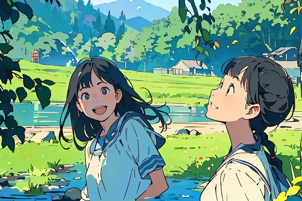 Reasonable design, Clear lines, High Sharpness, (Highest quality,8K,Perfect sharpness,Ultra fine,High resolution,masterpiece:1.2), Perfect Anatomy:1.5, Official Art, Illustrations that tell a story, (Whitish background:0. 9)、Body Positivity、多Mr.な身体表現、(Random and energetic poses)、Perfect beauty、Perfect beautiful face、Strong winds、A rich expression、Dynamic composition、smile、Golden ratio composition、colorful、((Mr.々Different angles and perspectives))、Anime Art、(Mini dress)、(Overcoming stereotypes)、 Glowing Skin、(Natural beauty)、smile、Bangs、(Soft and flowing hair)、(countryside)、(Nostalgic atmosphere)、Put up to your feet、(Playful and carefree)、(多Mr.な民族のキャラクター)、(innocent attitude)、(Sunny atmosphere)、(The skirt flutters wildly in the wind)、(Bright colors)、Beautiful Eyes、(Embarrassing)、Braided Hair、Summer Scene、Smiling among flowers、Side angle、