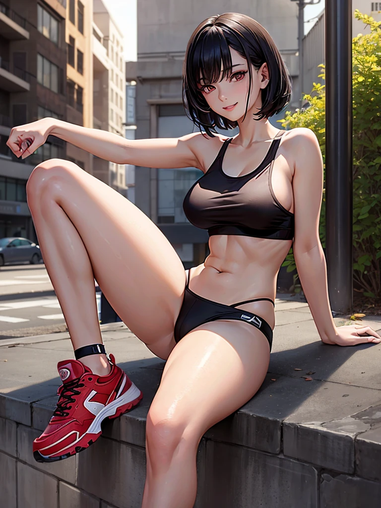 Stunning beauty young girl, short black hair, red pupils, Wearing sport bra, bloomers, knee socks, and sneakers. Underboobs. Beautiful breast, beautiful navel, beautiful thighs, beautiful legs. Looking at Viewer, Smug smile. HD image, wide angle, full body, top to toe, very detailed anatomy, very detailed clothes, very detailed background, a masterpiece.