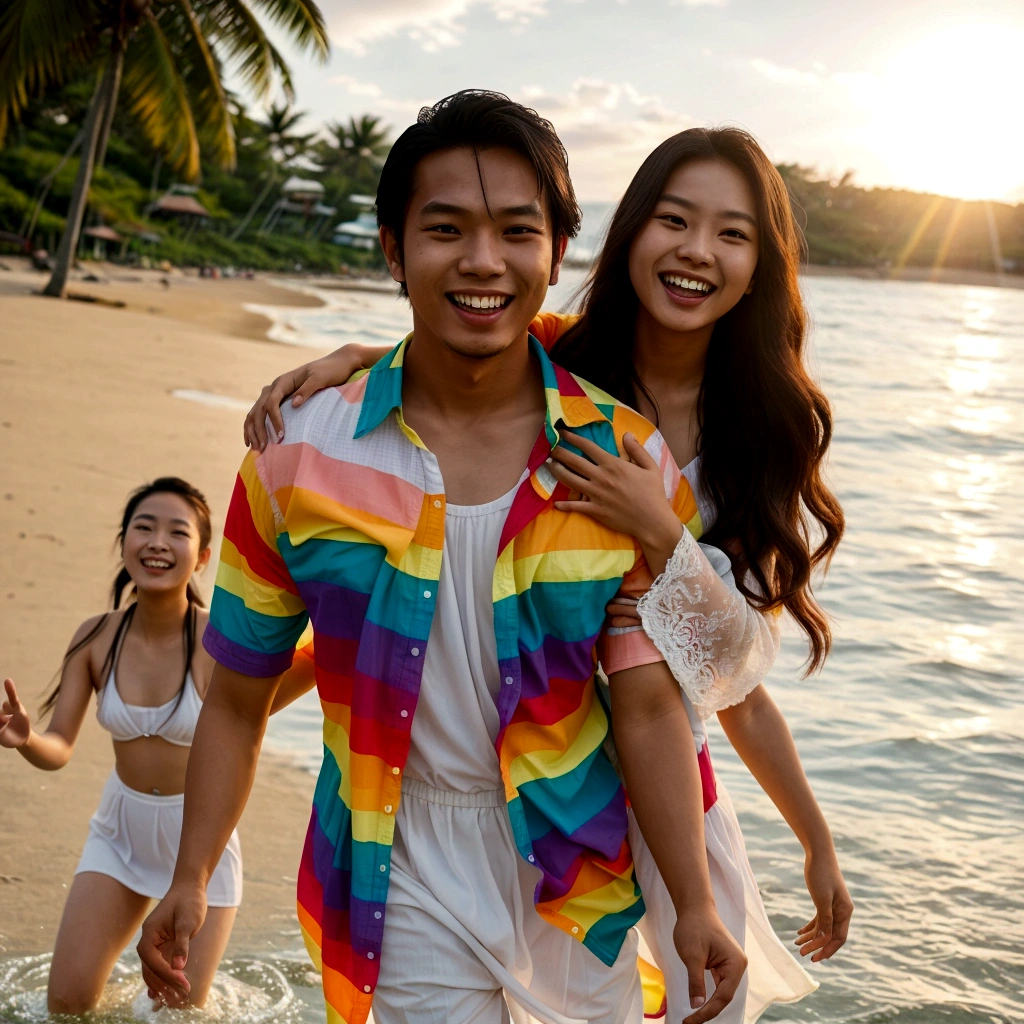 A young Malay man with  wearing a rainbow shirt beach and white jeans, is playing in the water at the beach with a long-haired Asian woman wearing a white dress beach color rainbow. It's daytime, with clear sunny weather and a sunset. They both have cheerful expressions. The photo is very realistic, cinematic, detailed, and in 8K UHD resolution.