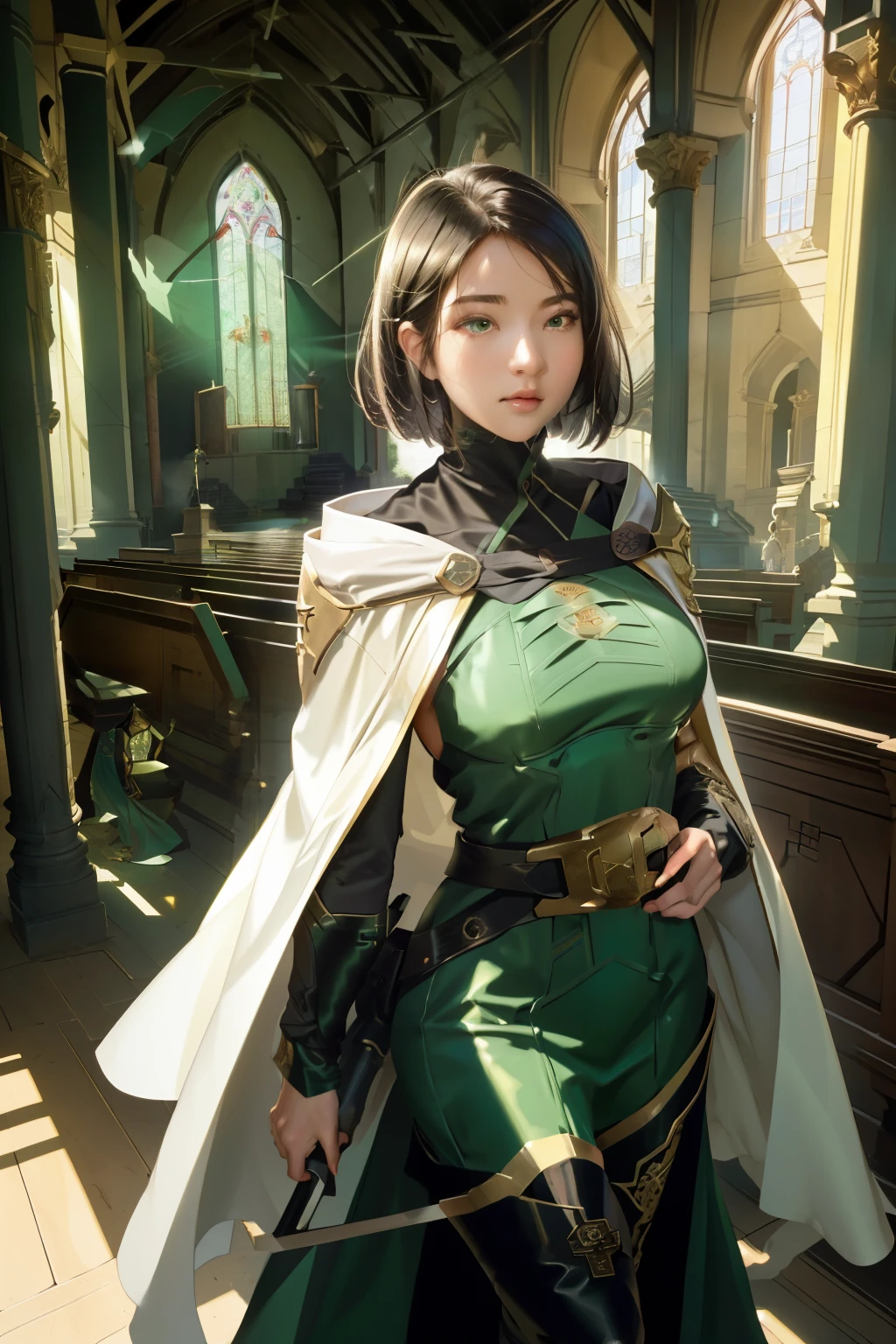 (masutepiece, Best Quality),  Intricate details,
1girl in,    VIPER \(pricing\), Green eyes, Brave Viper
 Dark Priest, White robe, cloaks, hoods, Cross, 
Tearing down the church, Indoors, temple, legs showing, feet showing, full body, standing up, seductive, lower torso showing, zoomed out