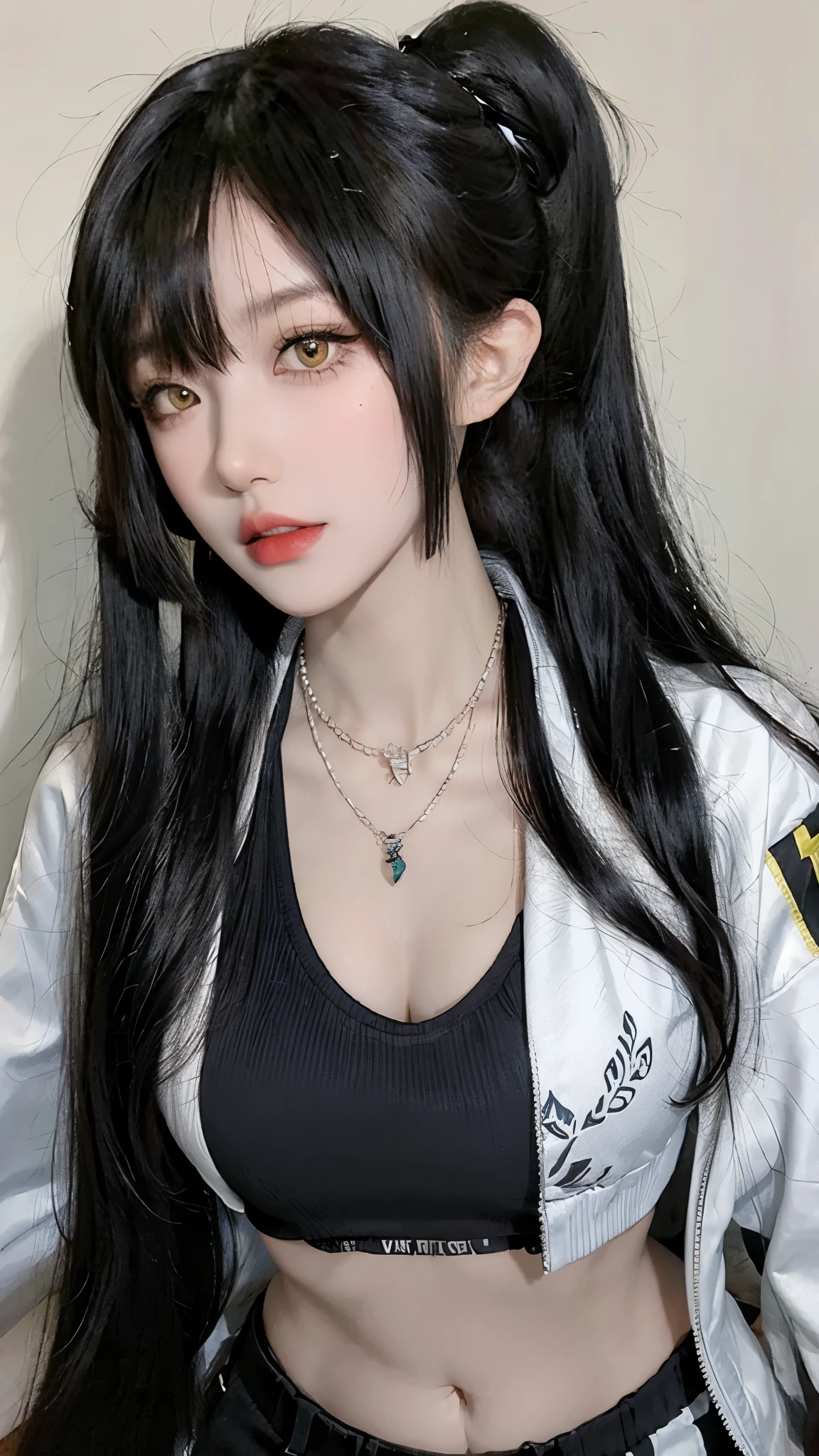 Practical, 1 female, best quality, 12K, HD, Long hair, Big and round breasts, , Ponytail, necklace, Jewelry, shorts, Bomber Jacket, Slim hips, scarf, Yellow eyes, Black Hair, Very detailed, Eye details, Hair details, Personal Data, Mouth details, Facial details, breast detailed, Clothing details, Hair details, Pants details, Card Details, whole body