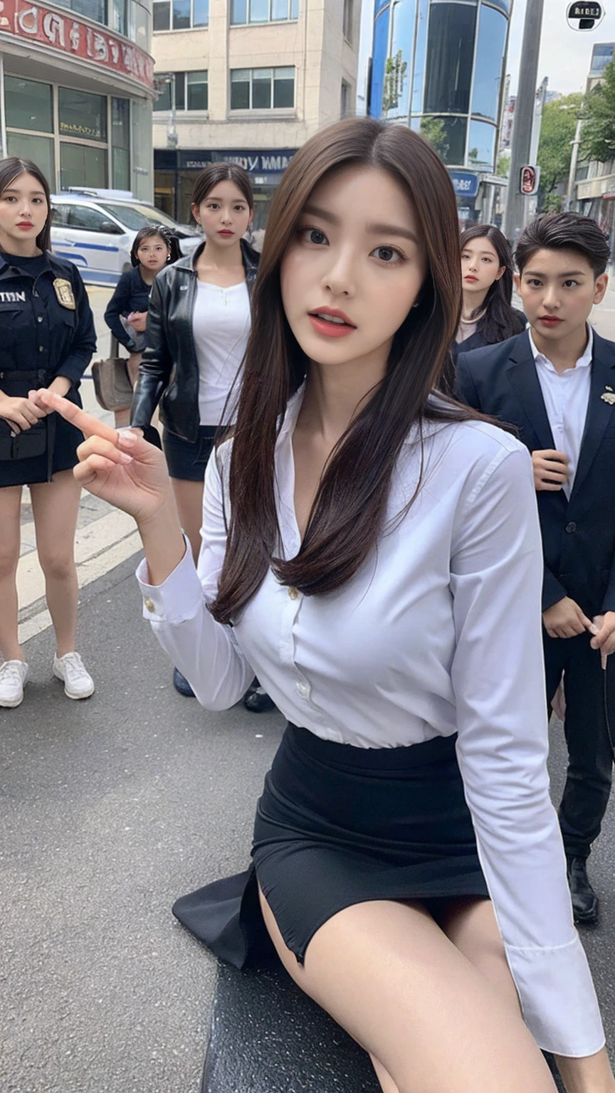 Highest quality, masterpiece, 8K, Ultra-high resolution, (Photorealistic:1.4), 1 Girl、Beautiful expression、Symmetrical eyes、Big Breasts、Perfect Body Proportions、Female police officer、Unbutton the chest、Looking at the audience、(City Street:1.2)、Long legs(1.3)、mini skirt