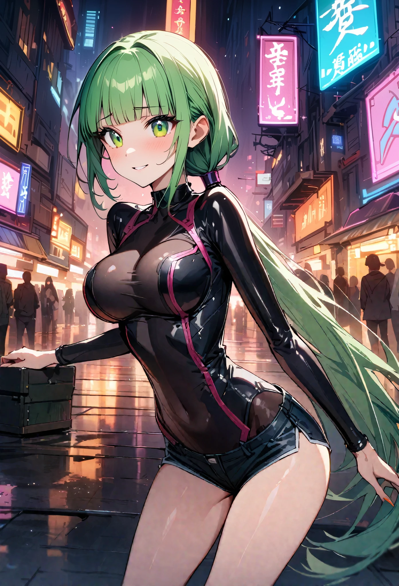 ((masterpiece,Highest quality:1.3)),cowboy shot,1woman,30 year old beauty,独奏,((very small head:1.3)),green hair,(low ponytail),long hair,blunt bangs,green eyes,gorgeous eyes,shy,smile,medium breasts,((very long body:1.2)),((toned body,slender body,skinny)),gleaming skin,shiny skin,((Black leather bodysuit、Long sleeve)),Micro Shorts))、barefoot、Black leather combat boots、standing,Metropolis、neon、cyber punk、World of Blade Runner、