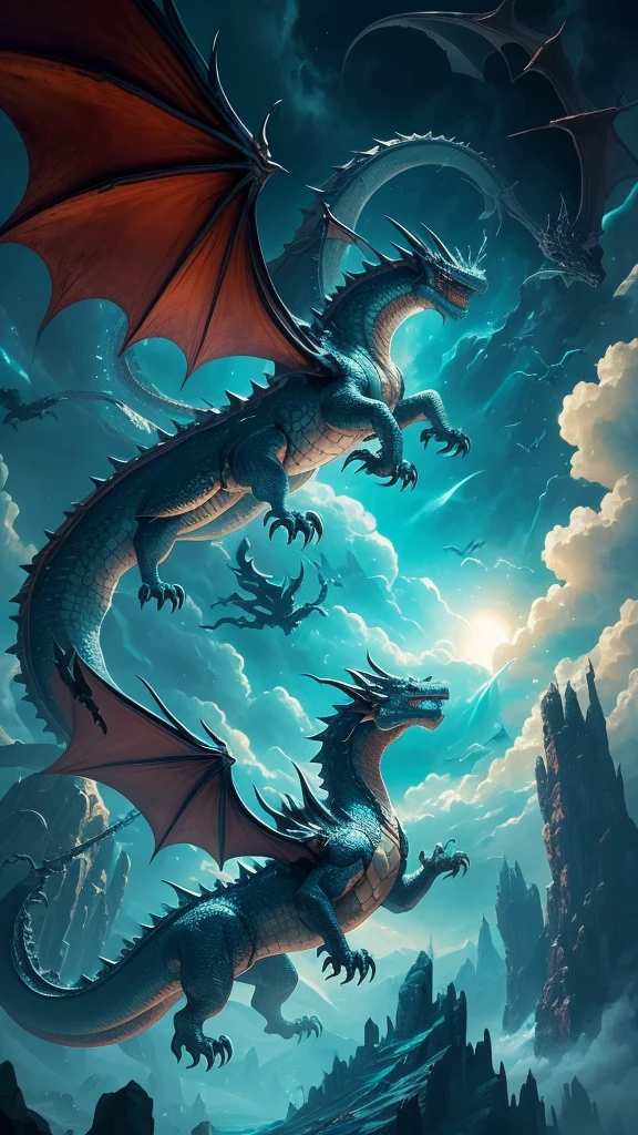 a picture of a dragon with a large head and claws, dragons flying in the sky, giant dragon flying in the sky, battle with dragon, dragons flying around, dragon flying in the background, fighting a dragon, dragon in the background, from guild wars, colossal dragon in background, alduin, charging through a dragons lair, dragon flying in the sky, dragon flying