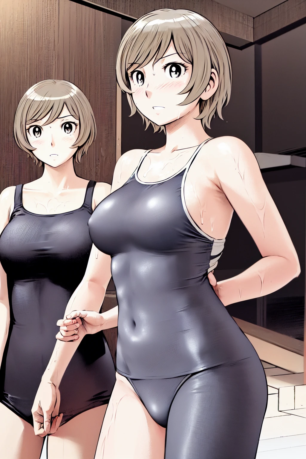 Blonde, (short hair:1.2)、((Illustration of a person))、Big Breasts、
View your viewers,, (Highest quality:1.3),blue eye star piece、Highest quality)、Highest quality, Ultra-high resolution, (((masterpiece))), alone, Sweat、Big eyes、Big Breasts、One Girl, Front view、Embarrassed face、Bronze colored hair、((short hair))、One Girl, alone, blush, Big Breasts,
Bare arms, Wet, Pool, 青いSchool Swimsuit, Thighs, Place your arms at your sides, Bare arms, Cowboy Shot, Are standing, School Swimsuit,bite、High Leg、mansuji、Boobs exposed、Nipples、Shoulder straps fall、One side off-shoulder、Breast Exposure、Happenings