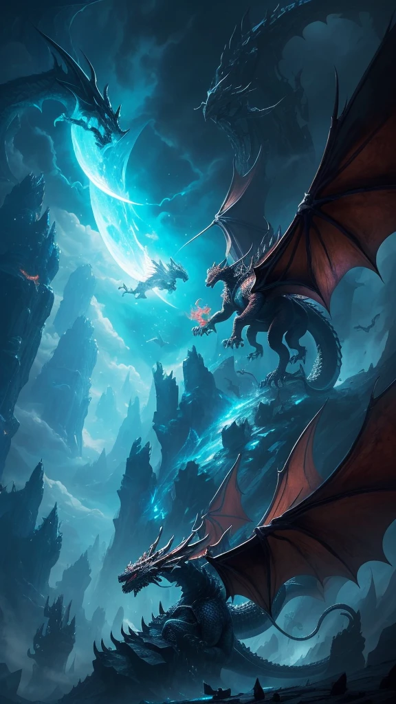 a picture of a dragon with a large head and claws, concept art by Yang J, trending on deviantart, fantasy art, dragons flying in the sky, giant dragon flying in the sky, battle with dragon, dragons flying around, dragon flying in the background, fighting a dragon, dragon in the background, from guild wars, colossal dragon in background, alduin