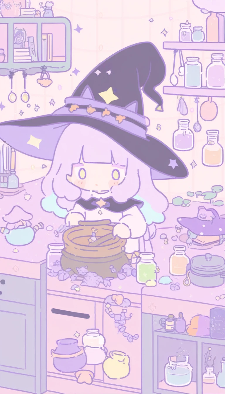 cute, witchy, kitchen, with bubbling cauldron, light colors, pastel colors, potions, books, magical mushrooms