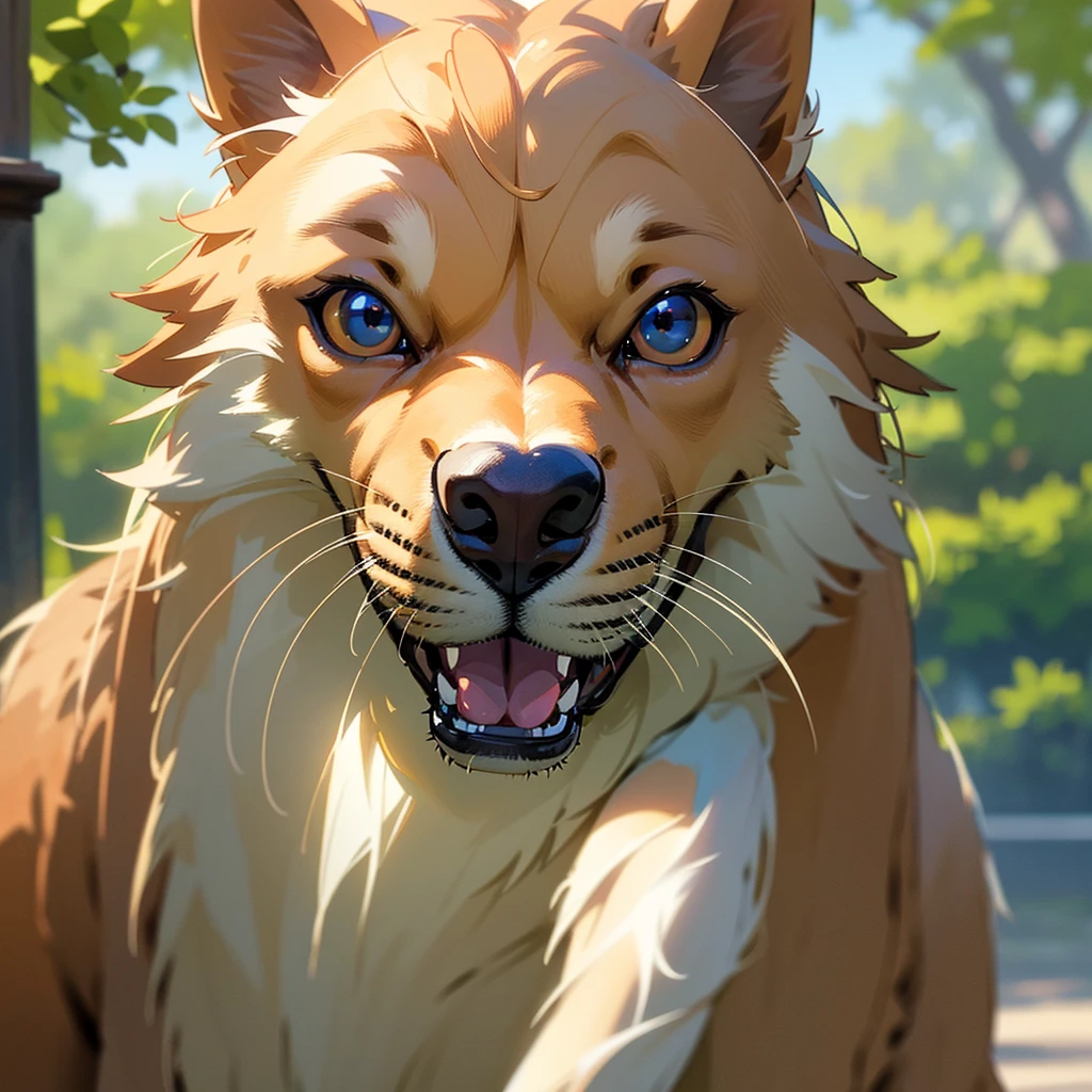A highly detailed and photorealistic anthropomorphic golden retriever dog, beautiful detailed eyes, beautiful detailed nose and mouth, extremely detailed fur, standing upright in a natural outdoor environment, (best quality,4k,8k,highres,masterpiece:1.2),ultra-detailed,(realistic,photorealistic,photo-realistic:1.37),intricate details,studio lighting,vivid colors,warm lighting,natural setting,dynamic pose,looking directly at camera