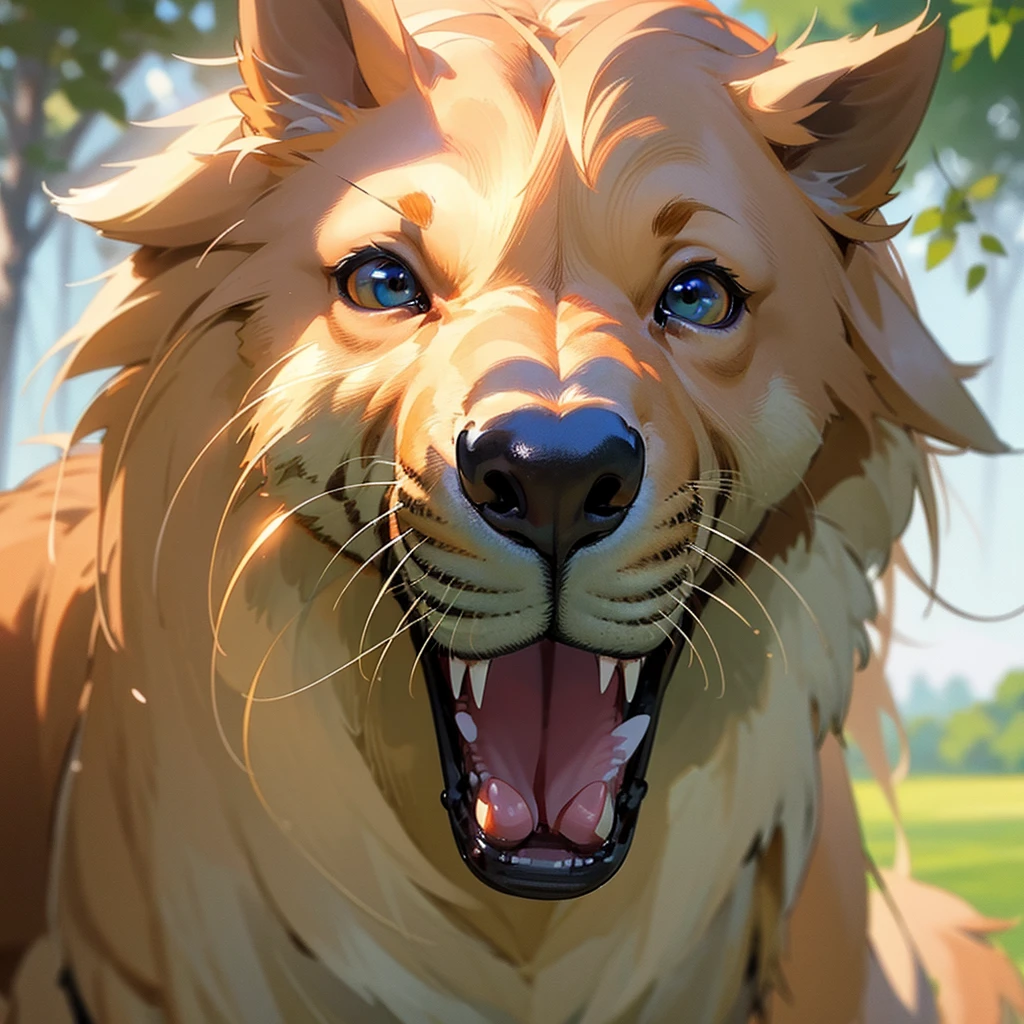A highly detailed and photorealistic anthropomorphic golden retriever dog, beautiful detailed eyes, beautiful detailed nose and mouth, extremely detailed fur, standing upright in a natural outdoor environment, (best quality,4k,8k,highres,masterpiece:1.2),ultra-detailed,(realistic,photorealistic,photo-realistic:1.37),intricate details,studio lighting,vivid colors,warm lighting,natural setting,dynamic pose,looking directly at camera