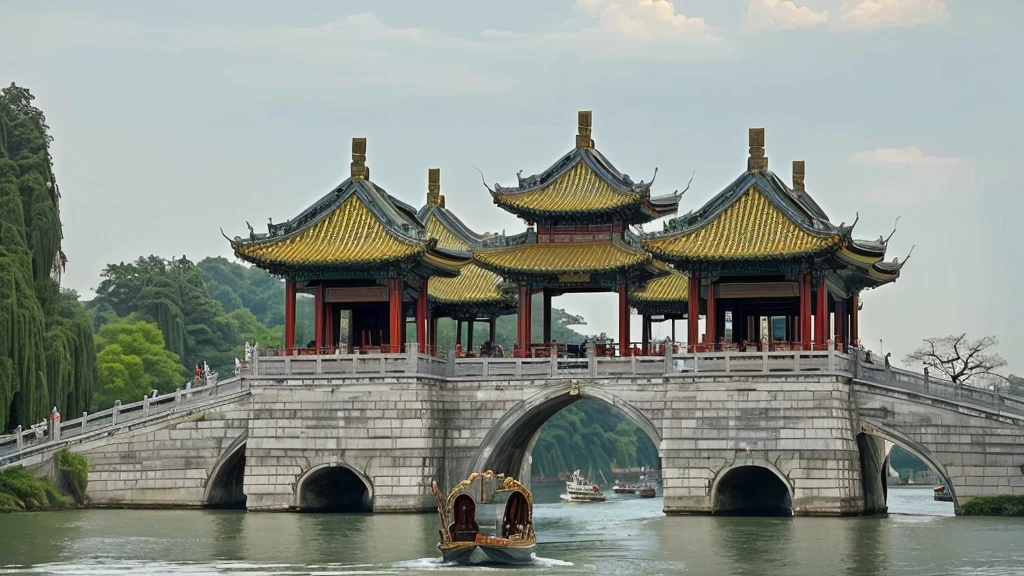 Leonardo da Vinci paintings,There is a boat sailing in the water under the bridge, Chinese Architecture, Chinese Architecture, all buildings on bridge, Hangzhou, Chinese Architecture, In line with Chinese aesthetics, Tang Dynasty Palace, Chinese tradition, building along a river, Chinese Palace, Chinese