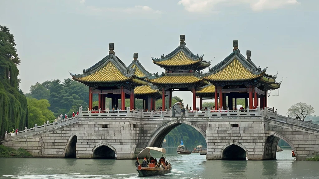 Leonardo da Vinci paintings,There is a boat sailing in the water under the bridge, Chinese Architecture, Chinese Architecture, all buildings on bridge, Hangzhou, Chinese Architecture, In line with Chinese aesthetics, Tang Dynasty Palace, Chinese tradition, building along a river, Chinese Palace, Chinese
