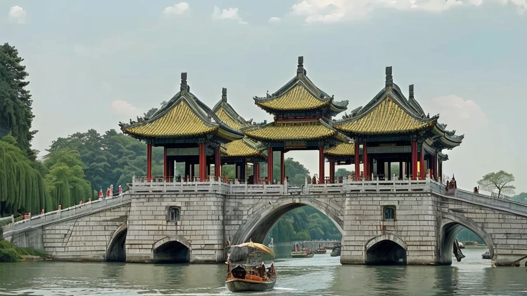 Leonardo da Vinci paintings,There is a boat sailing in the water under the bridge, Chinese Architecture, Chinese Architecture, all buildings on bridge, Hangzhou, Chinese Architecture, In line with Chinese aesthetics, Tang Dynasty Palace, Chinese tradition, building along a river, Chinese Palace, Chinese