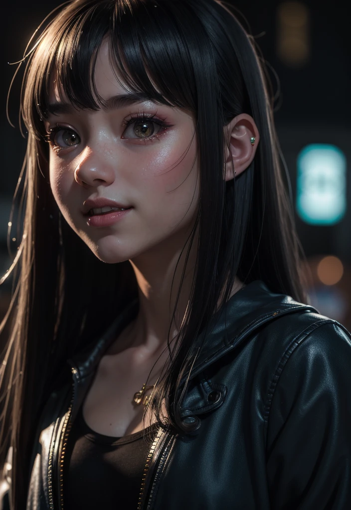 masterpiece, best quality, half body, portrait, night city, 1girl, anime, 3D, Japan, pixar, realistic, teen girl, smiling, cute face, harajuku fashion style, rain coat, beautiful, colourful, neon lights, cyberpunk, smooth skin, illustration, artstation, painting by stanley artgerm lau, sideways glance, foreshortening, extremely detailed 8K, smooth, high resolution, ultra quality, highly detail eyes, highly detail mouth, highly detailed face, perfect eyes, both eyes are the same, true light, glare, Iridescent, Global illumination, long straight hair movement, Big Breasts:1.7, real light, real shadow, real face, hd, 2k, 4k, 8k, 16k, realistic light, realistic shadow, bright Eyes, fluorescent eyes, soft light, dream light