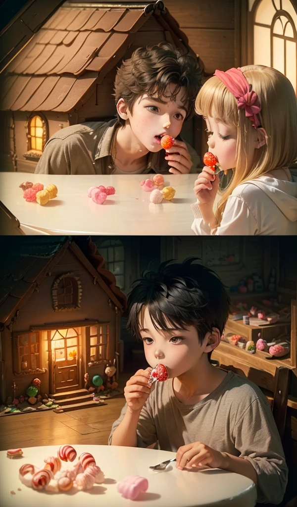 (Anime style:1.5), (highly detailed), (interior of candy house:1.7), (warm and inviting), (1 boy and 1 girl eagerly eating sweets at a large candy-covered table:1.7), (cozy fireplace with flickering flames), (detailed candy and food all around), (homely and deceptive atmosphere)