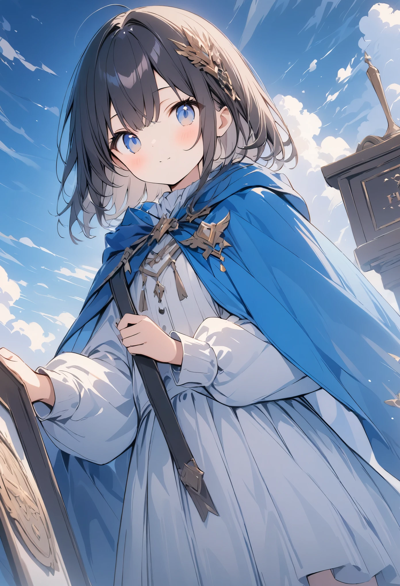 超High resolution, Attention to detail, high quality, High resolution, 最high quality, 4K, 8K, Awards, (artwork)、Clear sky、cute、Black Hair、short、hair ornaments、A work that emphasizes the sky and blue、posters、(Costumes of fantasy world:1.2)、(Blue Cape:1.37)