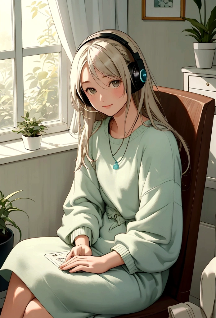 Create a chill and relaxing scene inside a cozy room. The room is softly lit with warm, ambient lighting. In the scene, there is a relaxed girl sitting in a comfortable chair near a window, wearing headphones and enjoying music. The window offers a gentle view of a garden outside. The room has a few scattered items like books, a small plant, and a record player, enhancing the cozy atmosphere. The girl has a content and serene expression. The color palette should be soft and calming, using pastel and earth tones to create a tranquil environment. No text should be included in the image. This image is for a